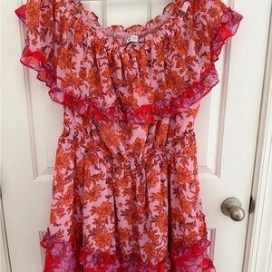 Floral Ruffle Dress in Red and Orange